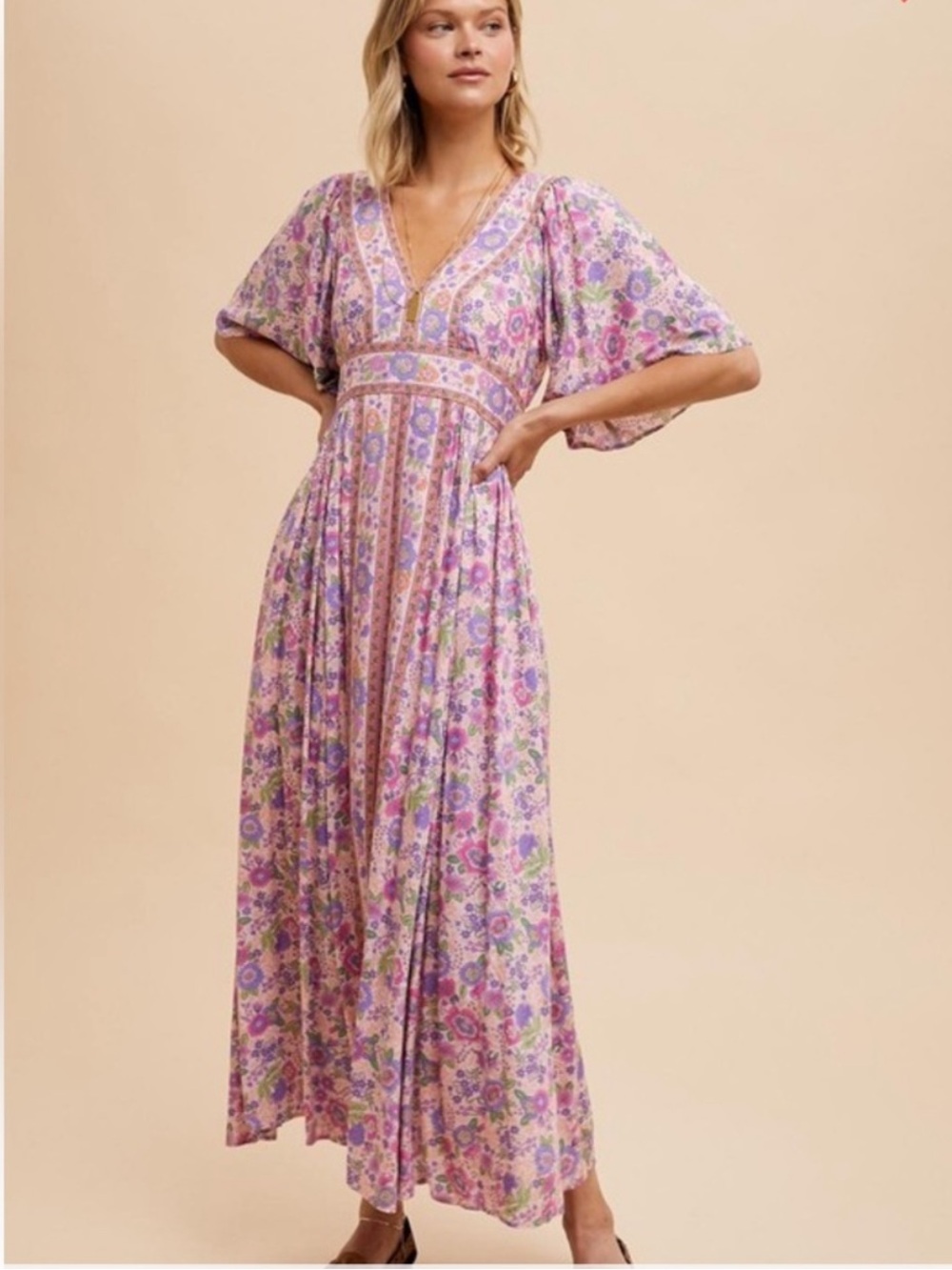 in loom - lavender, peach, green and pink flutter sleeve flowy dress - Picture 7 of 8